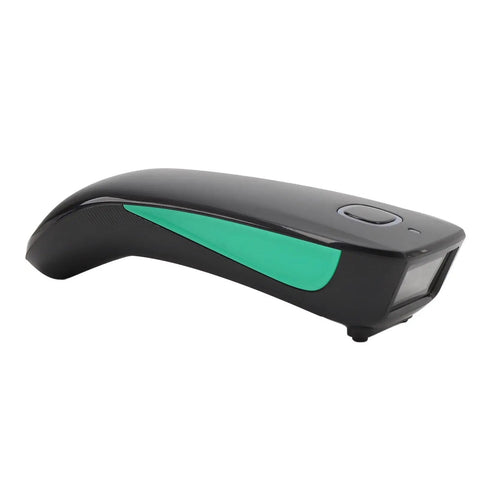 Wireless 1D Barcode Scanner Mini Handheld Pocket Reader with BT 2 4G 3 in 1 connection, side view, compact design, black and green