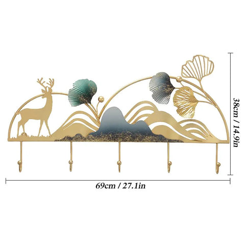 Modern Wall Mounted Coat Rack Featuring Five Sturdy Metal Hooks To Level Up Your Daily Routine And Bring A Tight Organized Lineup To Any Hallway Bedroom Or Living Room Space, 69cm, metal, decorative design with deer and nature elements.