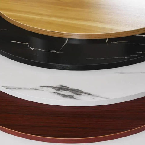 Close-up of various styles of Super Slick Black Wooden Lazy Susan Turntable with effortless swivel spin for kitchen countertops.