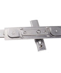 Front view of stainless steel casement window hinge with friction stay and ventilation limiter, 23mm slot width