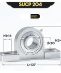Rock Solid 304 Stainless Steel Insert Ball Bearing SUCP204 Series Pillow Block Unit with measurements for industrial applications.