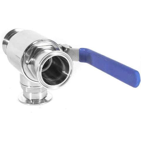Badass Stainless Steel Sanitary Ball Valve With PTFE Lining And Locking Handle For Heavy Duty Fluid Control and Rock Solid Leak Proof Shutoff, shown with blue handle