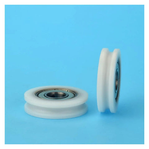 Twenty Pack U Groove Plastic Coated Roller Track Guide Wheels With Heavy Duty Nylon Pulley Sheave Bearings For Sliding Door Hardware side view of white nylon roller wheels