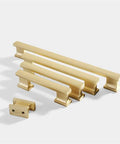 Modern Gold Brushed Cabinet Handles Zinc Alloy Long Drawer Pulls For Kitchen Drawers And Wardrobe Doors With Easy Peasy Mounting Solid Build Rust Resistant Finish set in varying lengths on a white background.