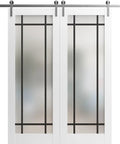 Slick Sliding Double Barn Doors Featuring Frosted Glass Panels And Rugged Stainless Steel Rail Kit mounted on overhead track.