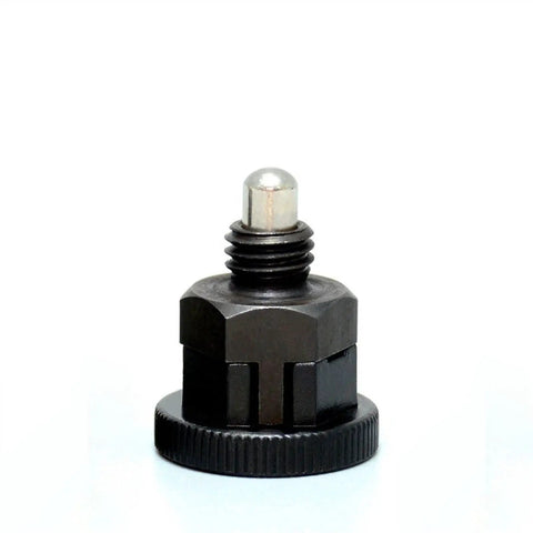 M8 Indexing Plunger Featuring Rock Solid Self Locking Knob For Unshakeable Positioning And Heavy Duty Locking Screw showing a close-up view.