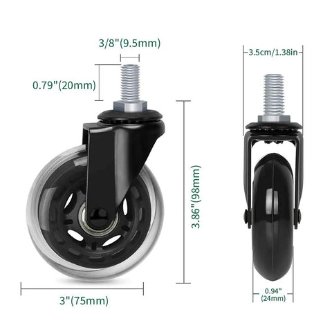 Heavy Duty Office Chair Caster Wheels 3 Inch Set Of 5 Threaded Stem 3 8 16 PU rubber replacement tires side view with dimensions.