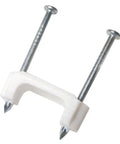 Close-up of 1/2 Inch Plastic Cable Staples for NM Cable 14/2 12/2 10/2 White Durable UV Resistant Polyethylene Saddles Prevent Rust