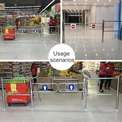 Built Solid Stainless Steel One Way Swing Gate Spring Loaded Auto Closing Security Door in retail shop for controlled traffic flow.