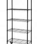 Heavy Lifting Five Tier Steel Wire Shelving Rack With Slick Rolling Wheels No Sweat Tool Free Assembly Thirty By Fourteen By Sixty Inches Garage Storage side view showing five open shelves and sturdy black wire construction.