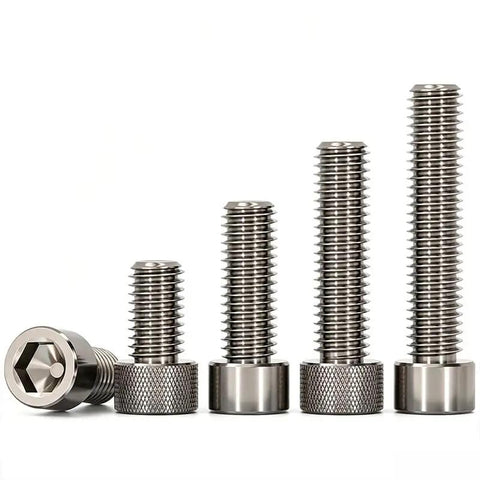 Rock Solid TA1 Titanium Hex Socket Cap Screws, M8 Metric Thread With Knurled Grip Head, Heavy Duty Fasteners Built Tough For Truck Restoration And Precision Engineering Projects Pack Of Five, showing size variation.