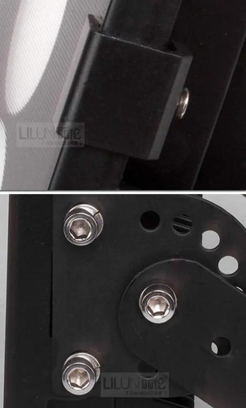 Close-up of adjustable bracket and mounting screws on the Rock-Solid Black COB LED Flood Light 300W IP65 Waterproof Outdoor Beacon.