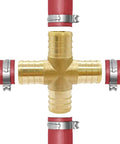 Brass Pex Crimp Fitting Kit Half Inch 28 Piece Set Four Way fitting with red tubing. Pro Grade Heavy Duty Solid Brass Plumbing Kit.