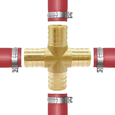 Brass Pex Crimp Fitting Kit Half Inch 28 Piece Set Four Way fitting with red tubing. Pro Grade Heavy Duty Solid Brass Plumbing Kit.
