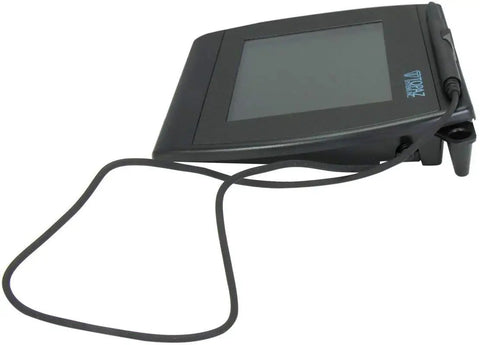Slick 4x5 Inch Backlit LCD Signature Capture Pad With Responsive Touchscreen For Digital Signatures and Counter Checkout Hassle Free Mount, angled view.