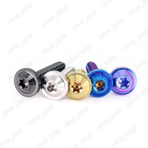 Straight Up Gr5 Titanium Self Tapping Screws With Torx Socket Flying Saucer Head And Vivid Pvd Purple Finish in various colors.