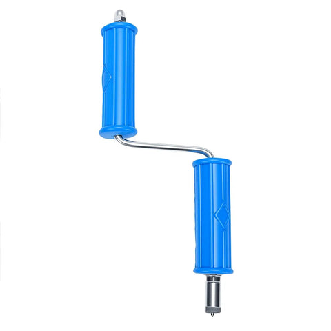 Professional Grade Drain Auger Attachment With Six Sharp Cutting Blades And Five Meter Flexible Steel Cable Plus Electric Manual Adapters with blue handles.