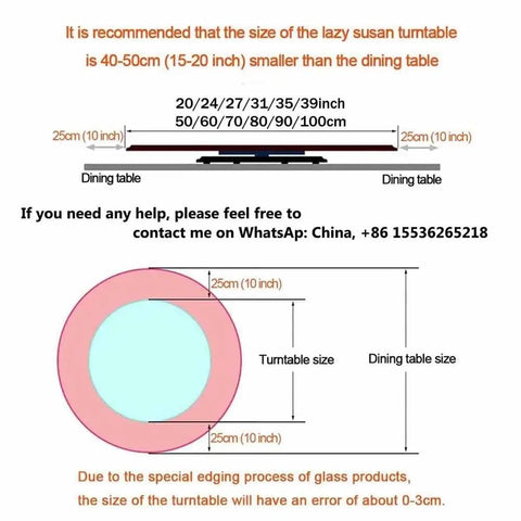 Diagram showing size recommendations for Hella Sturdy Solid Wood Lazy Susan Turntable For Kitchen Tables.