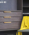 Top Shelf Pure Brass Finger Pulls With Brushed Matte Finish Hella Slim Modern Cabinet Handles Five Inch Center To Center Six Pack Rock Solid Hardware For A Slick Home Refresh on dark wood drawers.