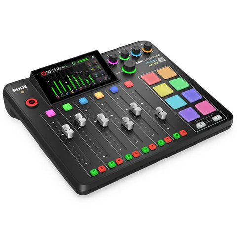 Slick Pro Live Streaming Console And Broadcast Mixing Interface with touchscreen, sliders, and colorful buttons for content creators.