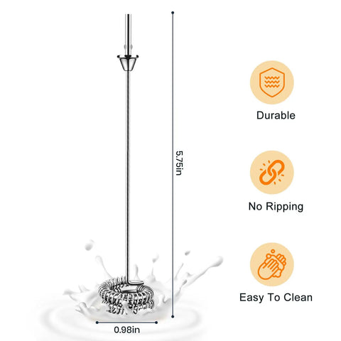 Diagram showing dimensions of handheld rechargeable milk frother whisk rod, 5.75in height, 0.98in width, with durability features.
