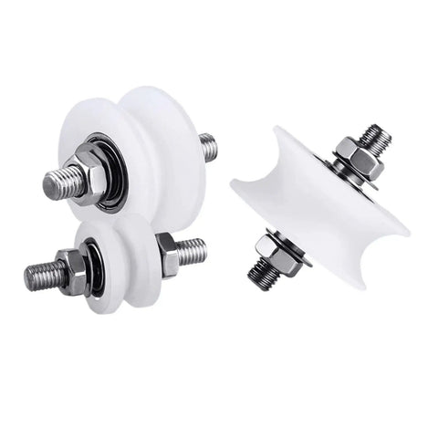 Rock Solid Single Wheel Pulley For Heavy Duty Sliding Door Track Hardware With Smooth As Butter Nylon Rollers And Knockout Load Bearing Steel Core Fixed U V Shaped Guide Setup, featuring white nylon rollers and steel bolts.