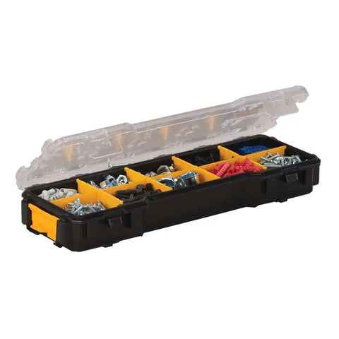 10 Compartment Pro Organizer With Removable Dividers, Durable Polycarbonate Lid, Side Latches For Stackable Storage, filled with tools