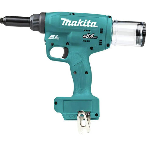 Badass 18V Lithium Ion Brushless Cordless Rivet Tool With Tough As Nails 20 KN Pulling Force. Side view of the tool with clear container.