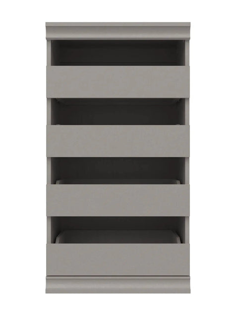 Super Slick Modular Closet Storage Organizer With Four Stackable Drawers In Taupe showing front view and decorative trim
