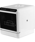 Portable Automatic Countertop Dishwasher Boasting 360 Dual Spray Zero Fuss Setup Quick Dry Cycle Double Disinfection Ultra Compact Rental Friendly Kitchen Upgrade For Small Apartments, compact white design, front view with controls.