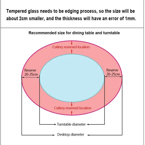 Recommended size diagram for Generous Black Tempered Glass Lazy Susan Turntable for dining tables and kitchen counters.
