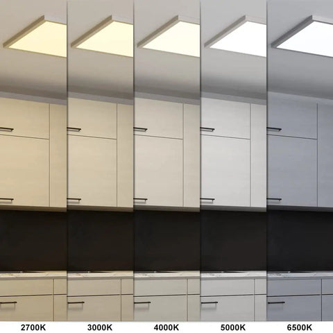 24 Inch Smart LED Flat Panel Ceiling Light Direct Wire In Brushed Nickel, tunable white light 2700K to 6500K in a kitchen setting