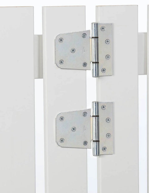 Extra Heavy Duty Gate Hinges Zinc Plated 2 Pack for wood steel and vinyl gates with weather resistant finish installed on white gate