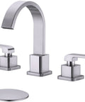 Widespread 8 Inch Bathroom Faucet With Brushed Nickel Finish 3 Hole Square Sink Faucet Overflow Pop Up Drain CUPC Supply Lines Ceramic Cartridge Modern Waterfall Swivel Spout, showing spout and two handles