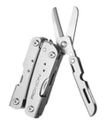 14 In 1 Mini Multitool Lightweight With Folding Scissors And 9 Piece Bit Set Holder Belt Clip Included Compact Storm Style Multi Tool 127g 90HRC Ceramic Window Breaker Great For Everyday Carry, featuring open scissors and metal body.