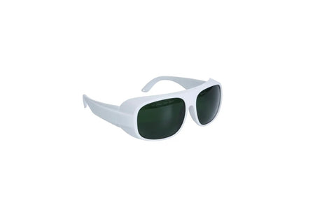 Kickass Laser Safety Glasses For Handheld Laser Welding And Fiber Lasers 900 To 1100Nm Od8 Plus Din4 Rating with white frame and green lenses.