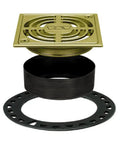 Contour Shower Grate Kit With Integrated Slope Bonding Flange For Tile Showers, 4 Inch Square Brushed Brass Finish, components shown