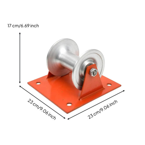 Heavy Duty Cable Guide Wheel With Ground Mount Steel Support Bracket And Slick Aluminum Pulley Roller, 23cm steel base, 17cm tall.