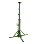 Heavy Duty Top Notch Three To Ten Meter Self Standing Telescopic Mast With Sturdy Quadripod Base And Manual Crank side view showing crank and height adjust mechanisms.