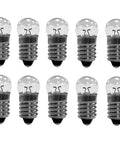 10x E10 Miniature Screw Base Light Bulbs 6V 0.3A Warm Yellow Pilot Lamps in a neat row, showcasing compact design for lab use.