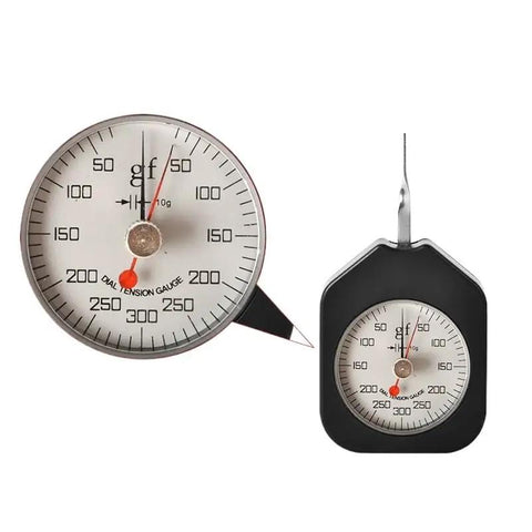 Badass Dial Gram Tension Gauge Slick Precision Force Meter showing readings on round dial for accurate push pull testing.