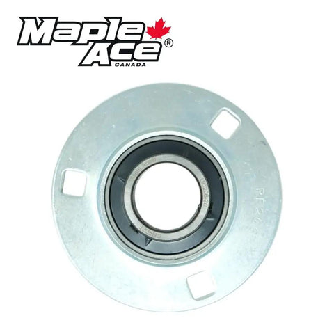 Rock Solid Pillow Block Bearing With Round Flange 3-Bolt Housing And 1-1/8 Inch Bore For Heavy Duty Machinery UC206-18 Drop-In Replacement mounted on silver zinc coated metal housing.
