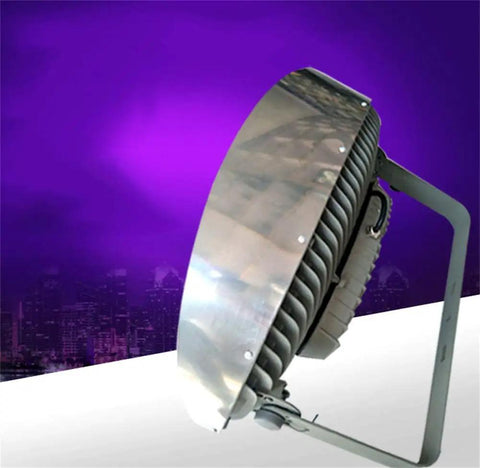 Heavy Duty Waterproof Floodlight Featuring Super Bright Projection Lamp And Rechargeable Work Light For Job Sites Built Like A Tank For Rugged Outdoors 600W Industrial Yard Spotlight on angled display with metallic finish.