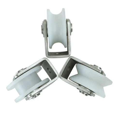 Heavy Duty Nylon Roller Wheel With 304 Stainless Steel Bearings For Smooth Gliding Track Pulleys And Built Tough Industrial Door Rail Guides In U Shape Configuration showing three angles.