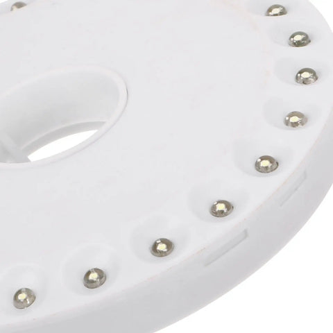 Close-up of LED Camping Lantern Round Waterproof Portable Tent Light for Hiking and Emergencies, showcasing LED bulbs and white casing.