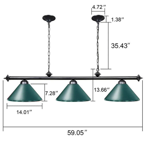 59 Inch Hanging Pool Table Light With Three Shade Billiard Lamps, dimensions and adjustable chain shown, green finish