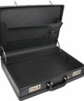 Premium Black Expanding Document Portfolio With Secure Combination Lock And Roomy File Compartments Slick Vinyl Business Carry Case open interior view showing storage pockets.