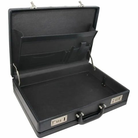 Premium Black Expanding Document Portfolio With Secure Combination Lock And Roomy File Compartments Slick Vinyl Business Carry Case open interior view showing storage pockets.