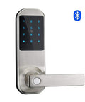 Bluetooth Digital Door Lock With Code Card And App Unlock Works With Alexa Voice Control Hub Required Mechanical Key And Keypad Access 150 User Codes 200 Card Memory Unlimited App Users Lit Keypad, silver finish front view showing touchscreen keypad and lever handle on white background.