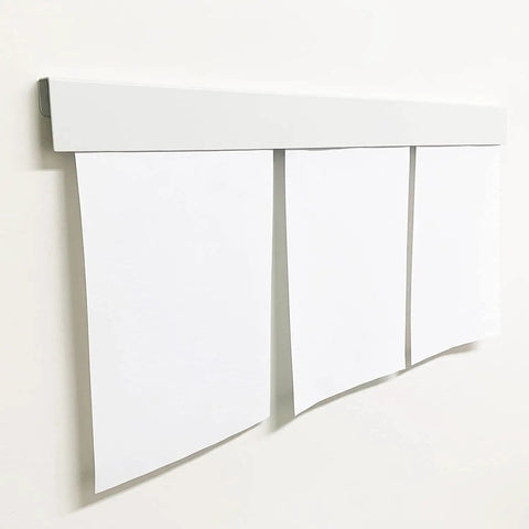White Magnetic Wall Display Bars For Kid Art And Photos Strong Magnet Gallery Track System Total Flex Spacing Setup showing blank paper. 